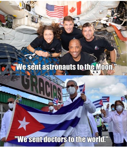 Top image: four astronauts on the Artemis moon mission with the caption "we sent astronauts to the Moon".
Bottom image: Cuban internationalist doctors marching with Cuban flags with the caption "we sent doctors to the world".