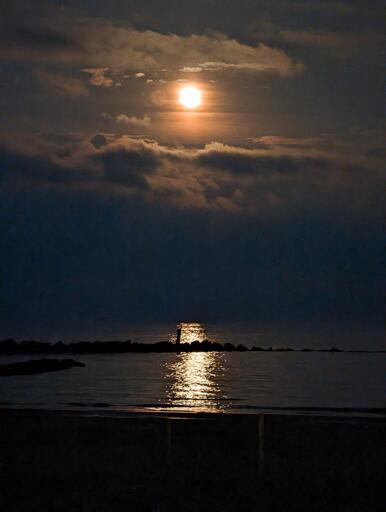 A serene night, bathed in the silvery glow of the moon, pierces the encroaching darkness with a quiet brilliance; though the world below is swallowed in shadow, the moonlight finds its path, painting a streak of pale light across the calm sea and whispering to the rocks along the shoreline; it is a reminder, almost imperceptible yet undeniable, that even in the most profound darkness, there exists a light capable of guiding the way, softly illuminating what would otherwise remain unseen. The sky's soft cloud cover only heightens the ethereal quality of the moment, as the moon, glowing like a beacon, offers hope where there is only quiet stillness, showing us that there is always a way forward, even when it feels as though the night might never end.