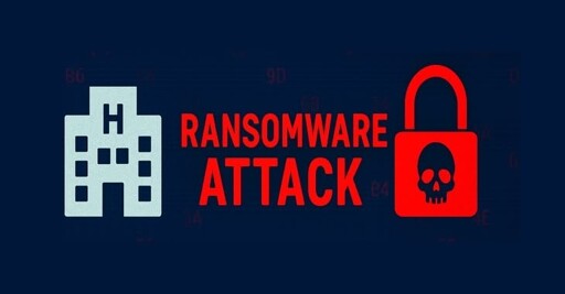 Icon of hospital and padlock next to the words "Ransomware attack"