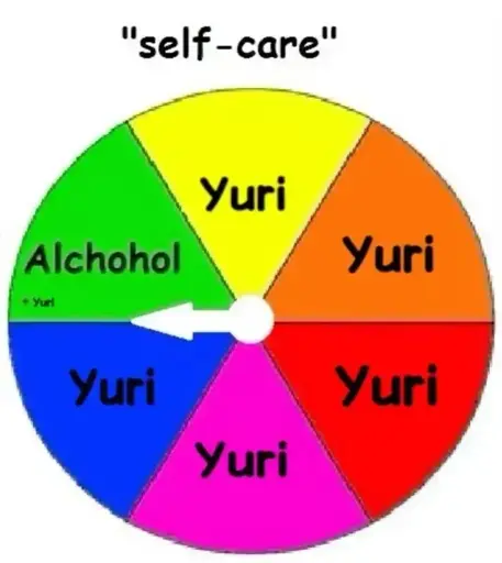 A wheel picker titled "self-care" in scare quotes showing 5 options labelled yuri and another labelled with a small +yuri.