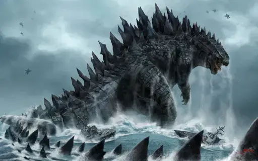 A painting of Godzilla, a titanic kaiju, rising out of a storm tossed blue-grey sea.  A naval ship is struggling in the churning waves below the titan’s front legs.  The serated top of the titan’s tail wraps around the left side of the field of view and into the foreground.